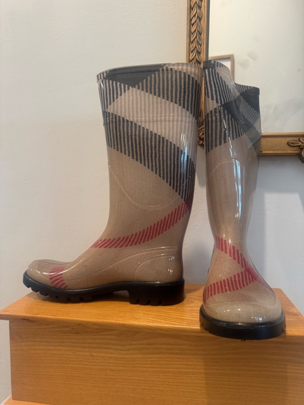 Burberry Tan and Red Plaid Rain Boots